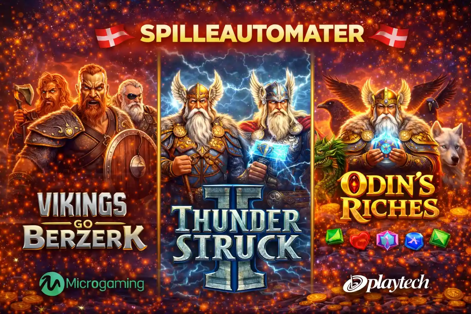 Populære spilleautomater som Vikings Go Berzerk og Thunderstruck med danske flag